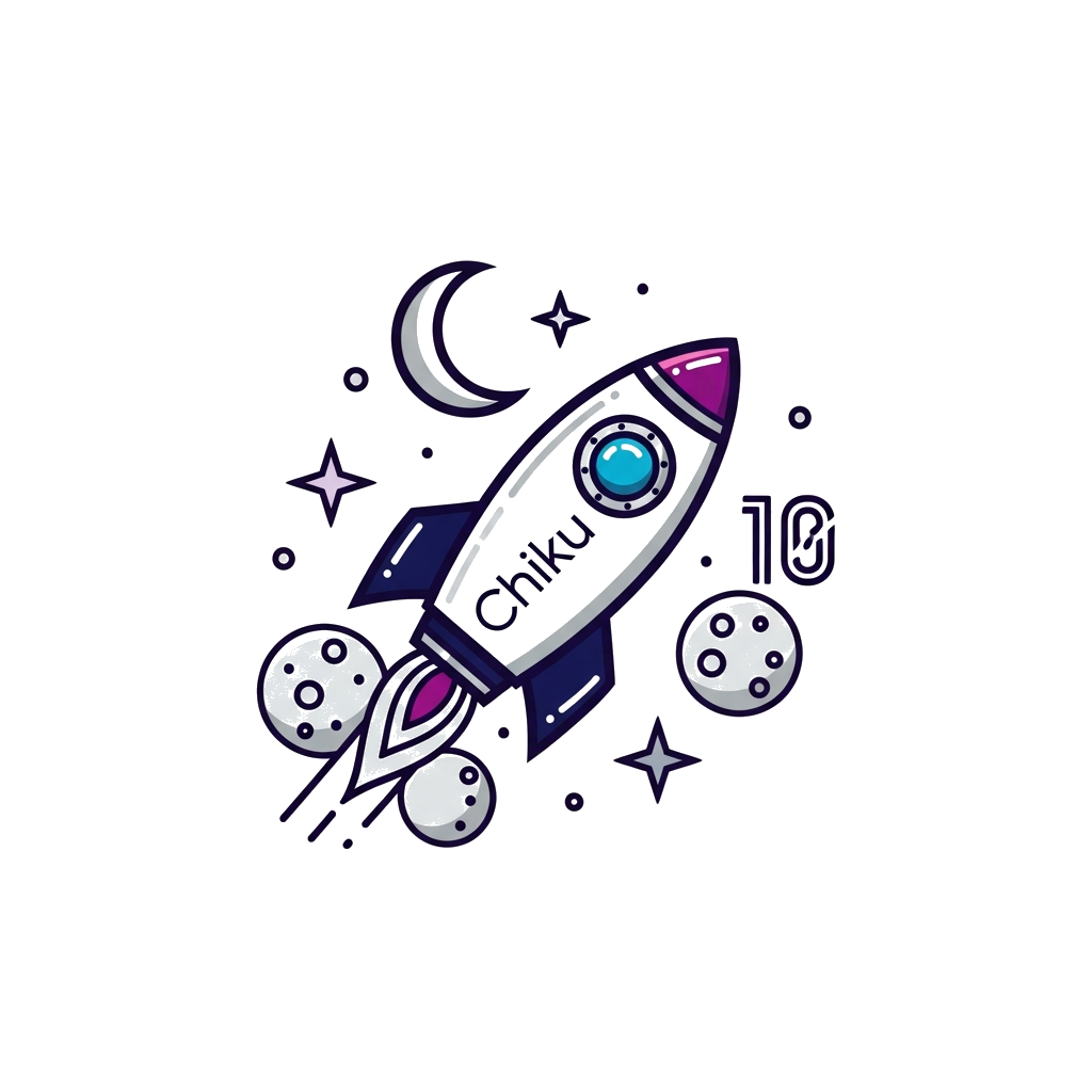 Custom design: A sleek, minimalist illustration of an abstract rocket soaring past a crescent moon and stylized stars, with 'Chiku' ...