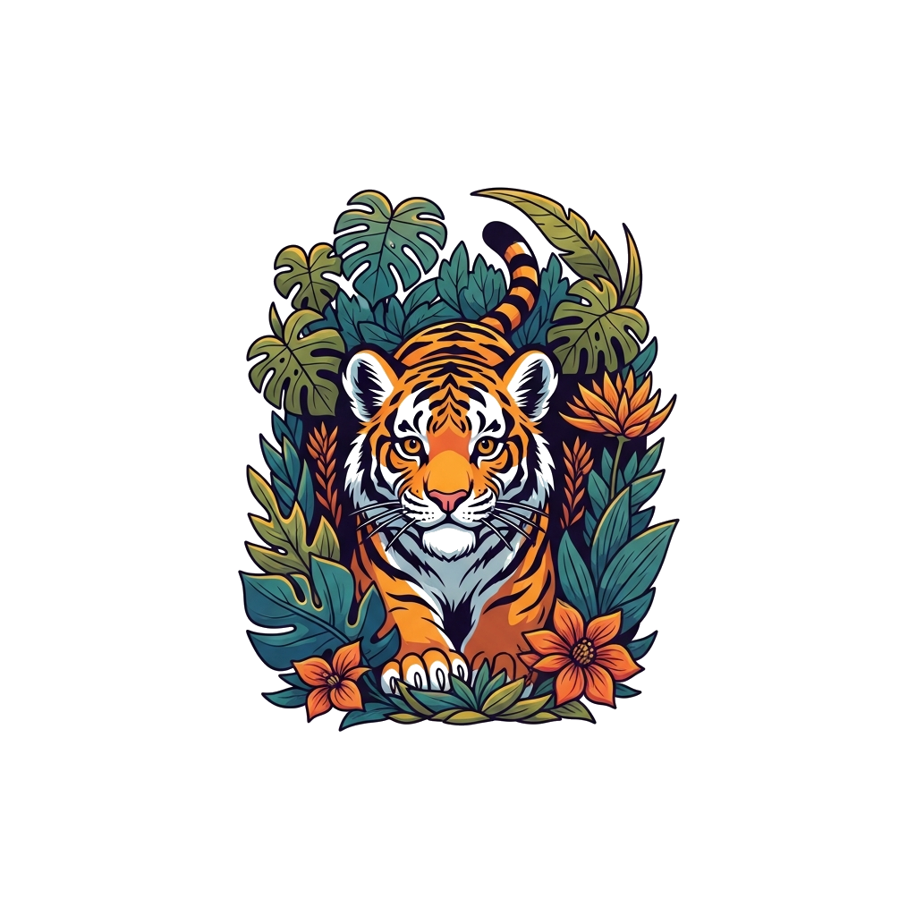 Custom design: A majestic, stylized tiger cub exploring a lush, dense jungle with oversized leaves and exotic flowers, in a vibrant,...
