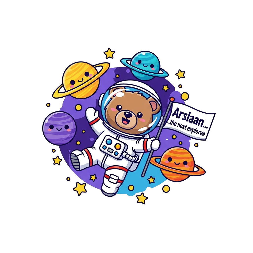Custom design: A super cute cartoon astronaut child (or a friendly cartoon animal like a bear or fox in an astronaut suit) floating ...
