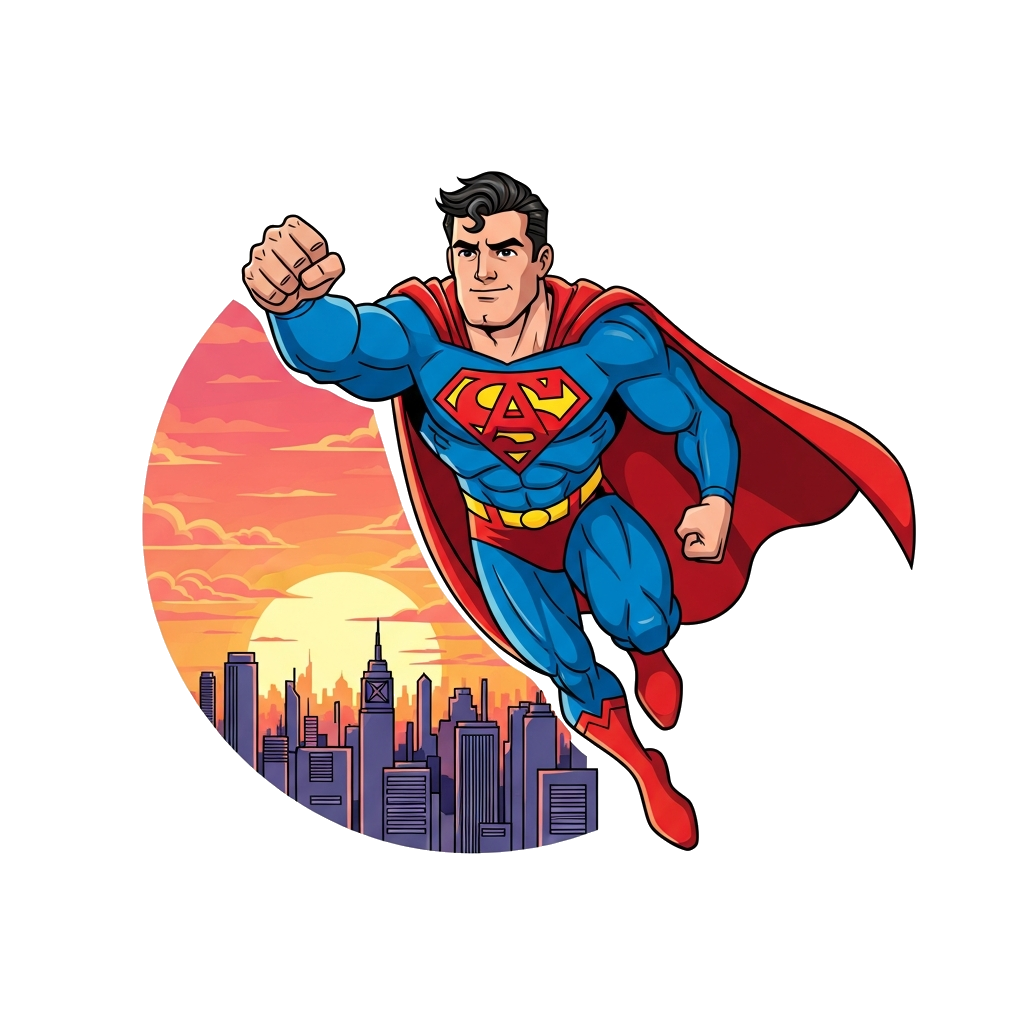 Custom design: A powerful illustration of 'Arslaan' as a modern Superman, flying dynamically across a cityscape at sunset, with a re...