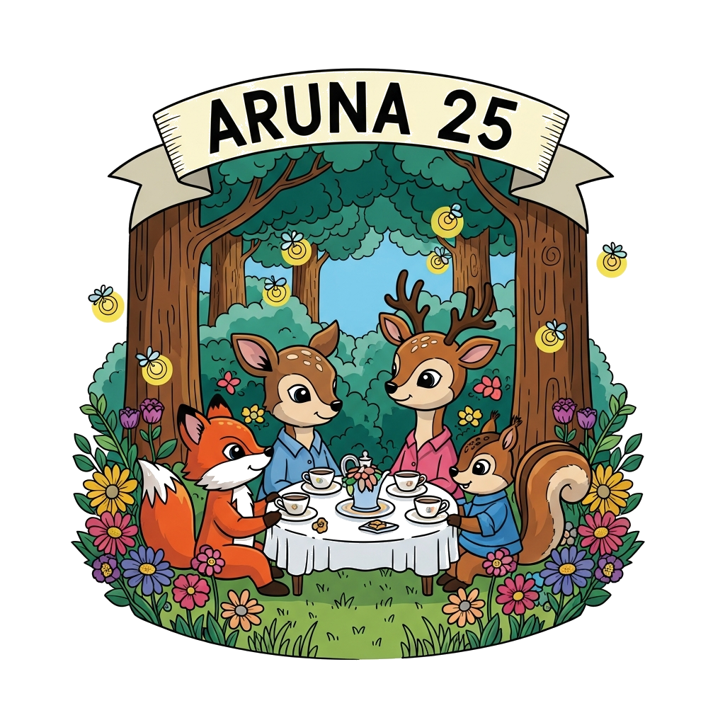 Custom design: A whimsical illustration of a forest clearing with adorable anthropomorphic woodland animals (like a fox, a deer, and...