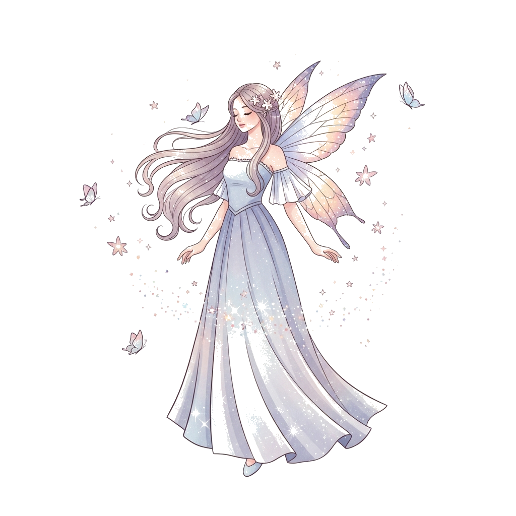 Custom design: A graceful fairy princess with long flowing hair, surrounded by shimmering stardust and delicate butterflies, in a so...