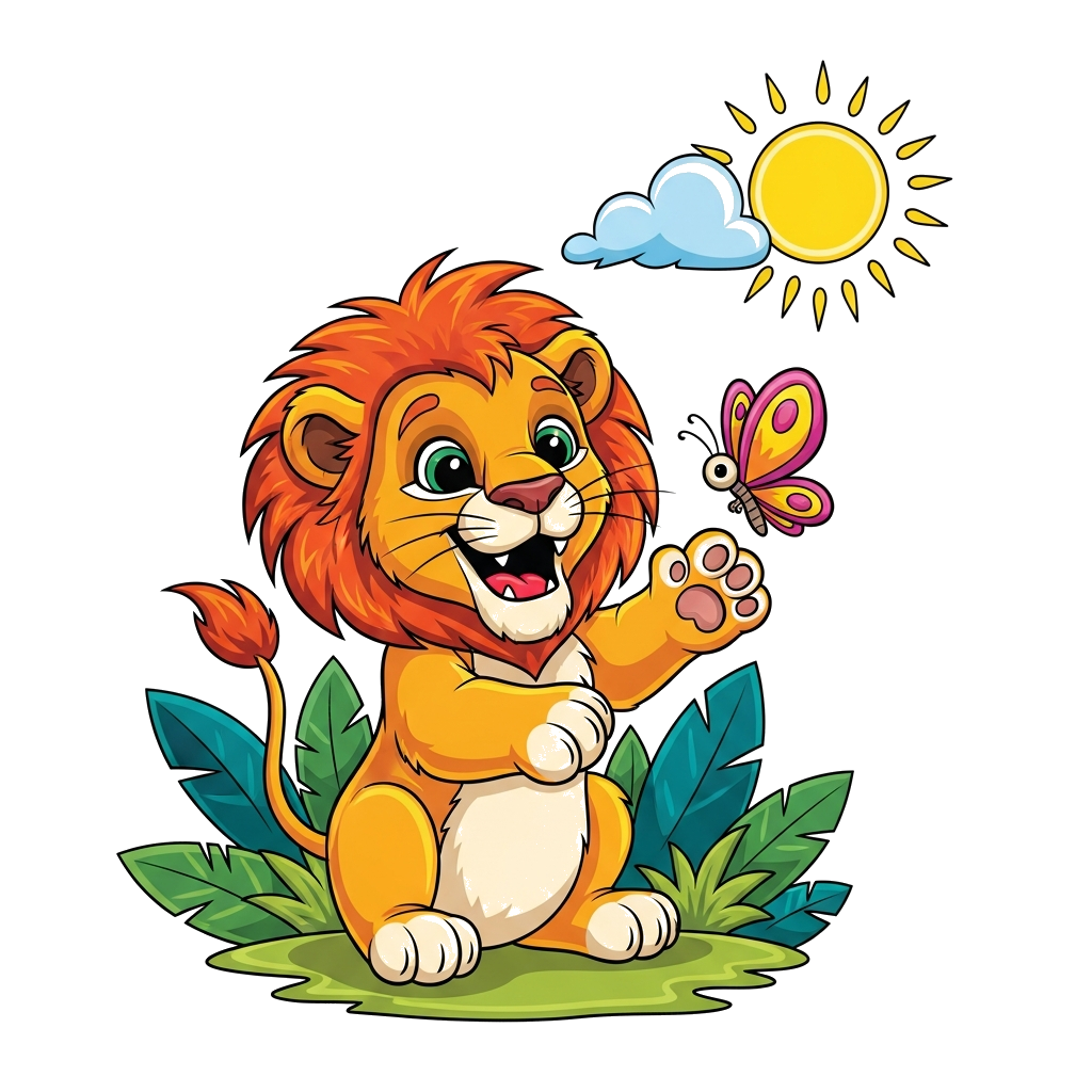Custom design: A whimsical illustration of a happy cartoon lion cub playing with a butterfly in a sunny jungle scene, vibrant colors...