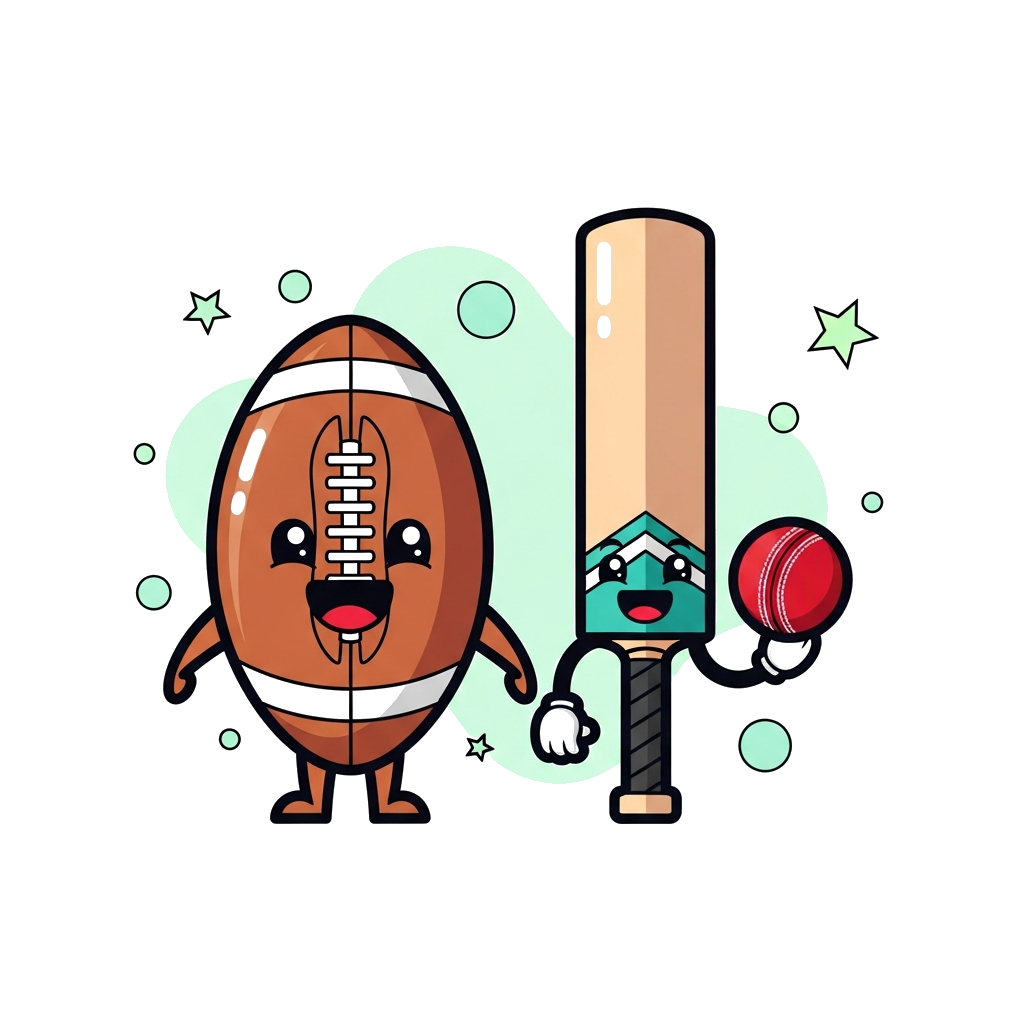 Custom design: A cute cartoon football character and a cricket bat with a ball, both smiling, surrounded by subtle teal and pastel g...