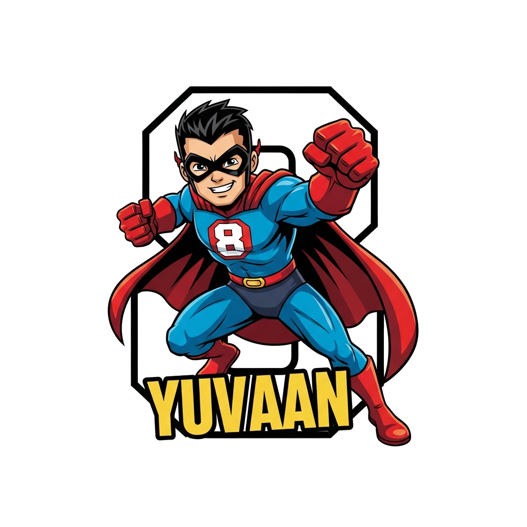 Custom design: A powerful, generic superhero character in a dynamic, action pose, with a stylized '8' integrated into their suit or ...