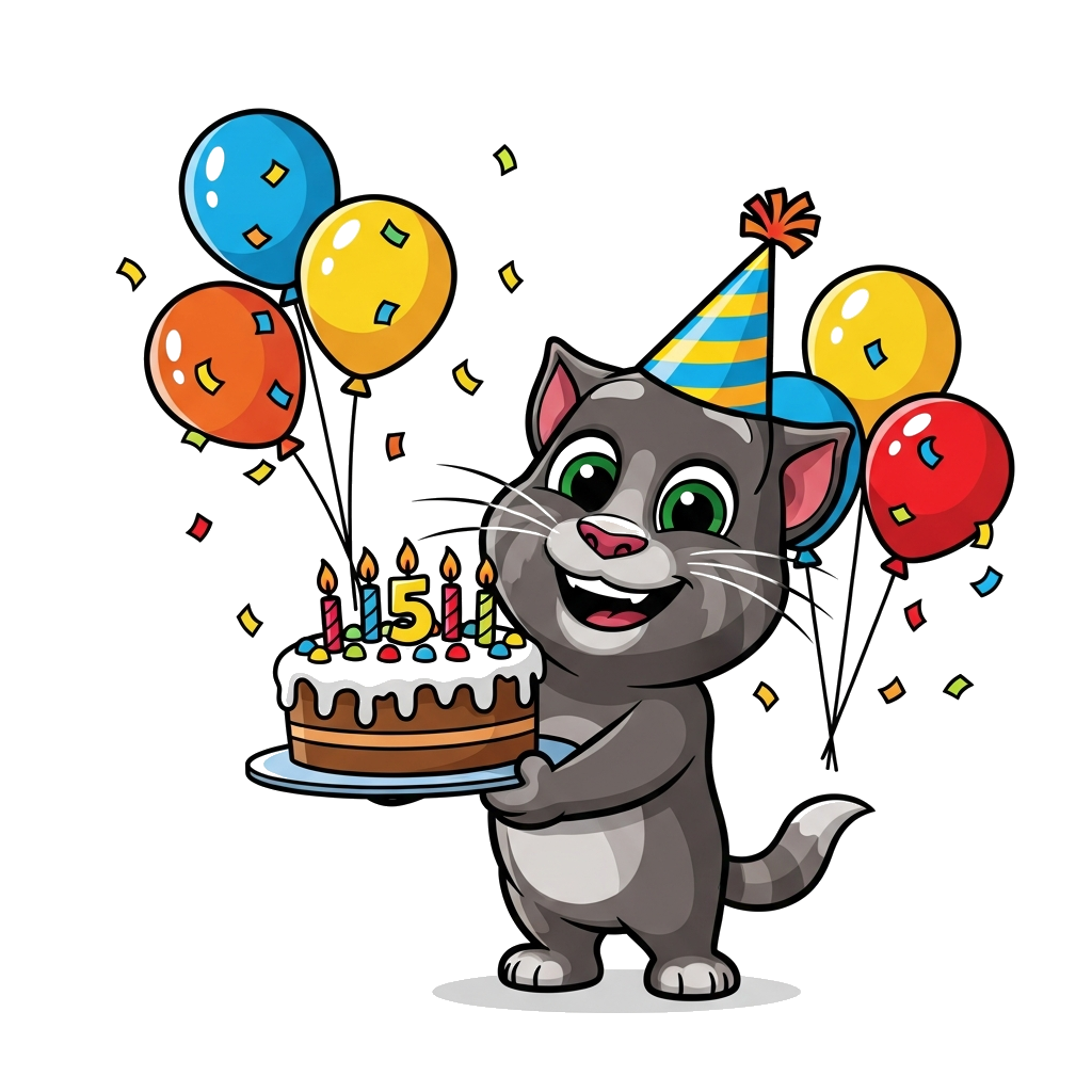 Custom design: A cheerful cartoon illustration of Talking Tom wearing a party hat, holding a big birthday cake with 5 candles, surro...