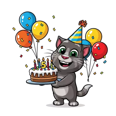 Design: A cheerful cartoon illustration of Talking Tom wearing a party hat, holding a...
