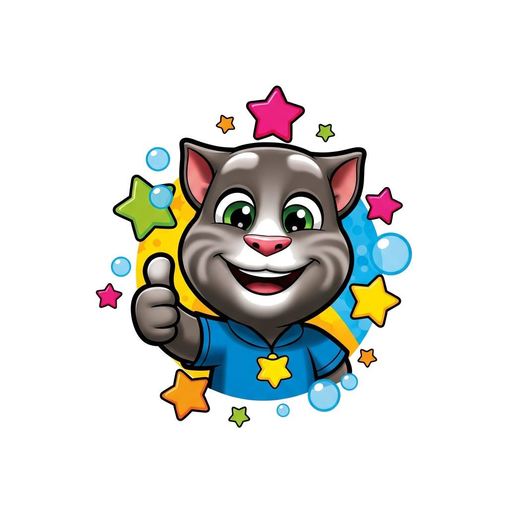 Custom design: A cheerful cartoon Talking Tom character with a big, friendly smile, giving a thumbs-up, surrounded by colorful stars...