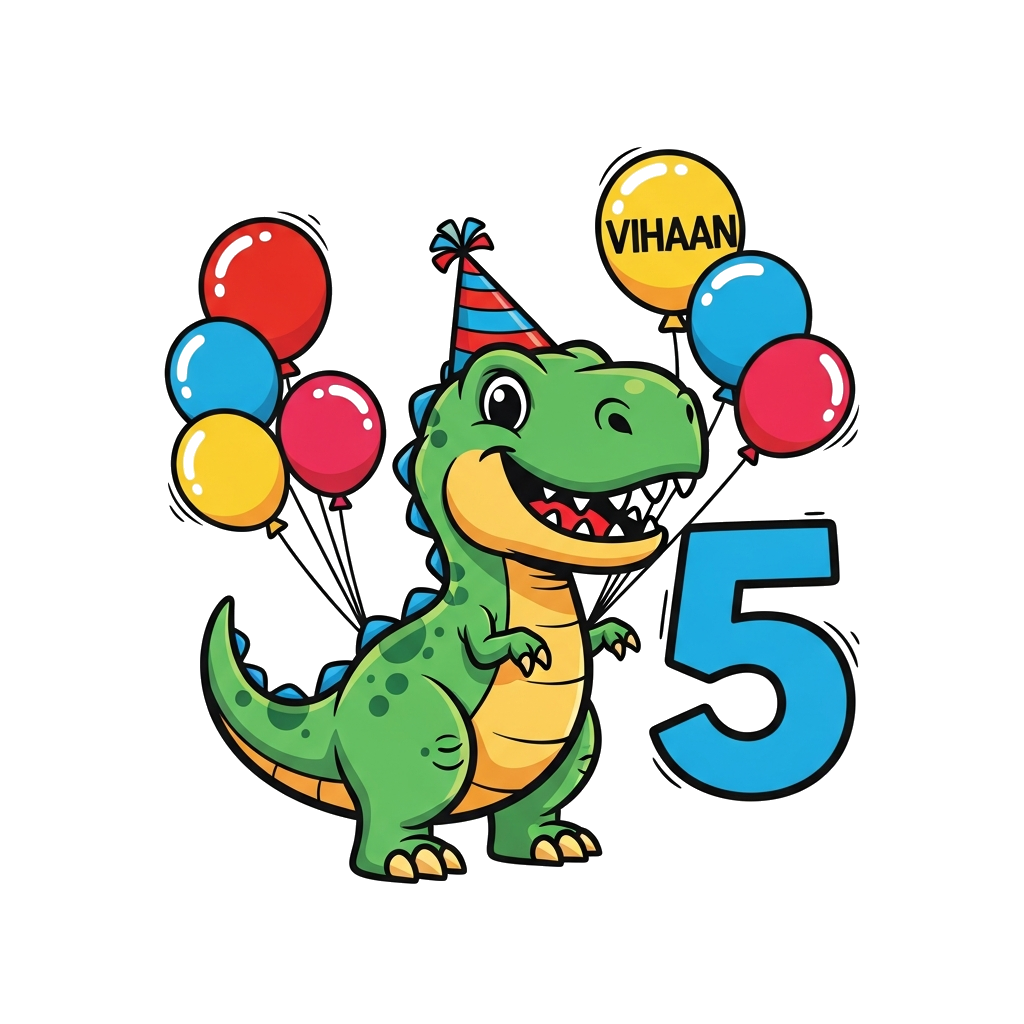 Custom design: A cheerful, cute cartoon T-Rex wearing a party hat, surrounded by colorful balloons and a big number '5', with the na...