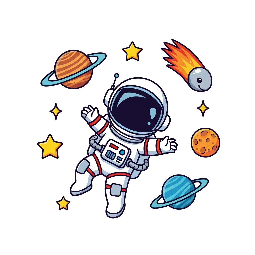 Custom design: A cute, cartoon astronaut floating in zero gravity, surrounded by colorful planets, twinkling stars, and a friendly c...