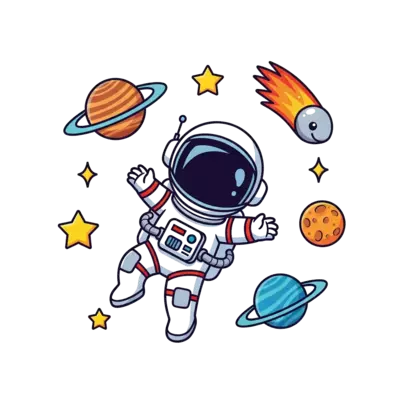 Design: A cute, cartoon astronaut floating in zero gravity, surrounded by colorful pl...