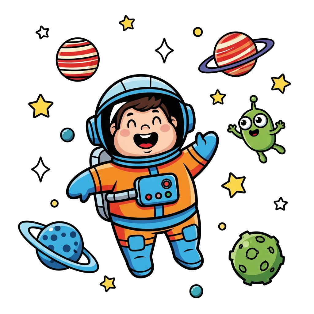 Custom design: A cute cartoon astronaut floating happily in space, surrounded by colorful planets, twinkling stars, and a friendly a...
