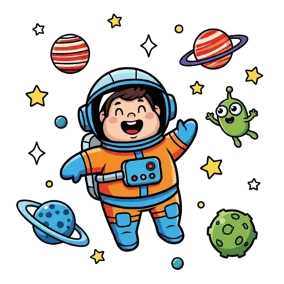 Design: A cute cartoon astronaut floating happily in space, surrounded by colorful pl...