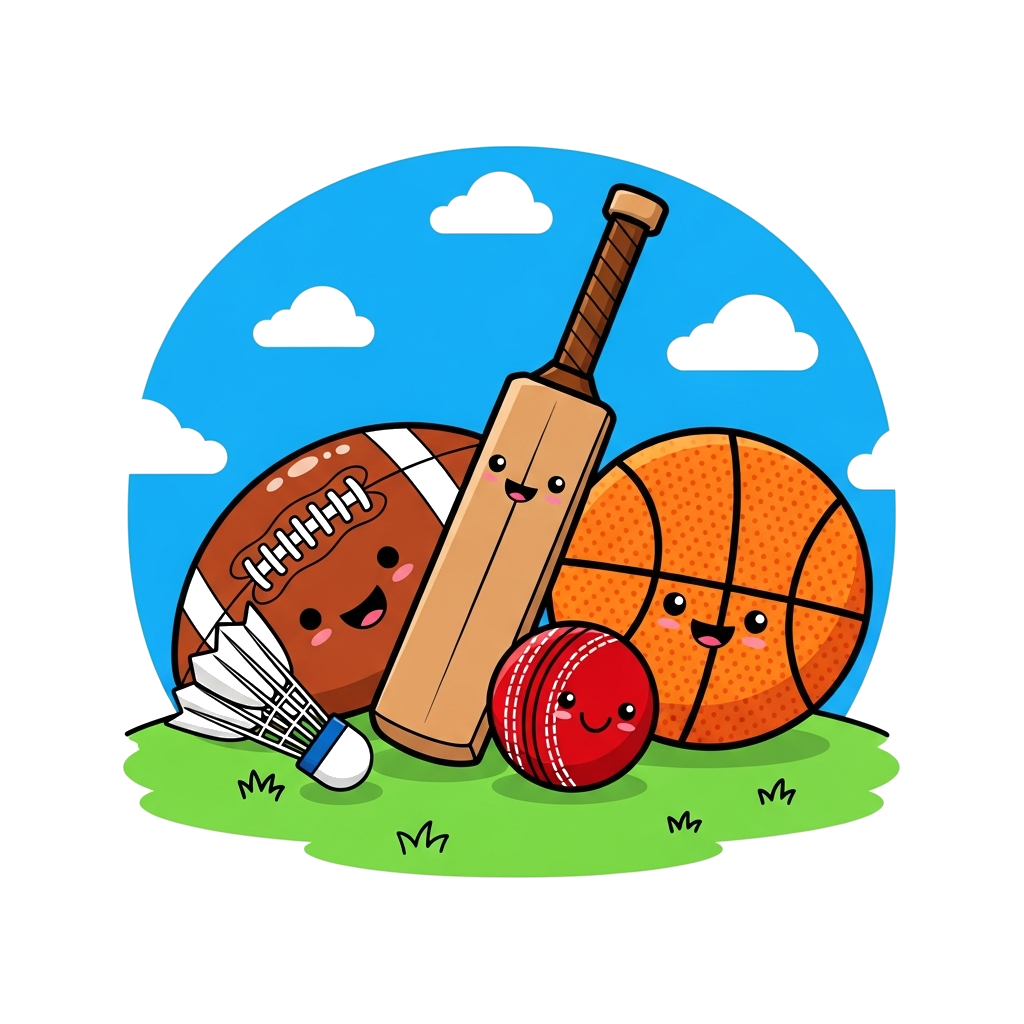 Custom design: A vibrant cartoon illustration featuring a group of diverse sports equipment – a smiling football, a happy basketball...