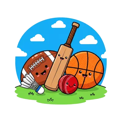 Design: A vibrant cartoon illustration featuring a group of diverse sports equipment ...