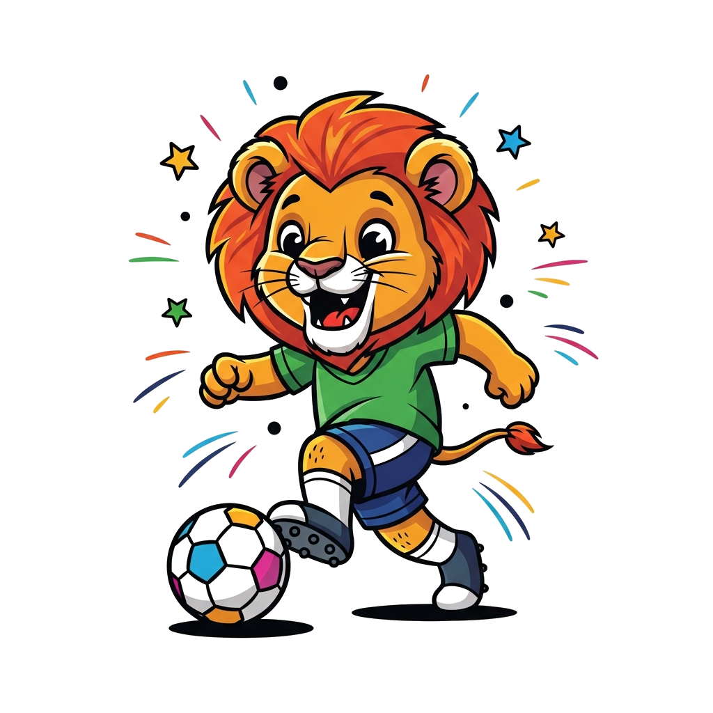 Custom design: A cheerful cartoon lion cub playing soccer, dribbling a colorful ball, with a big smile and dynamic movement, surroun...