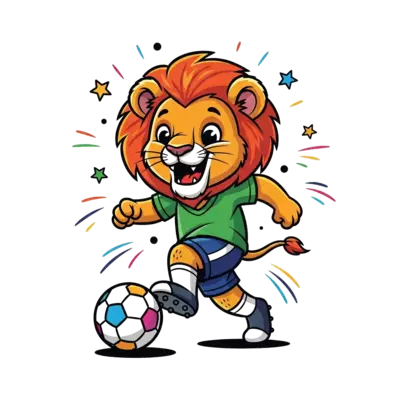 Design: A cheerful cartoon lion cub playing soccer, dribbling a colorful ball, with a...