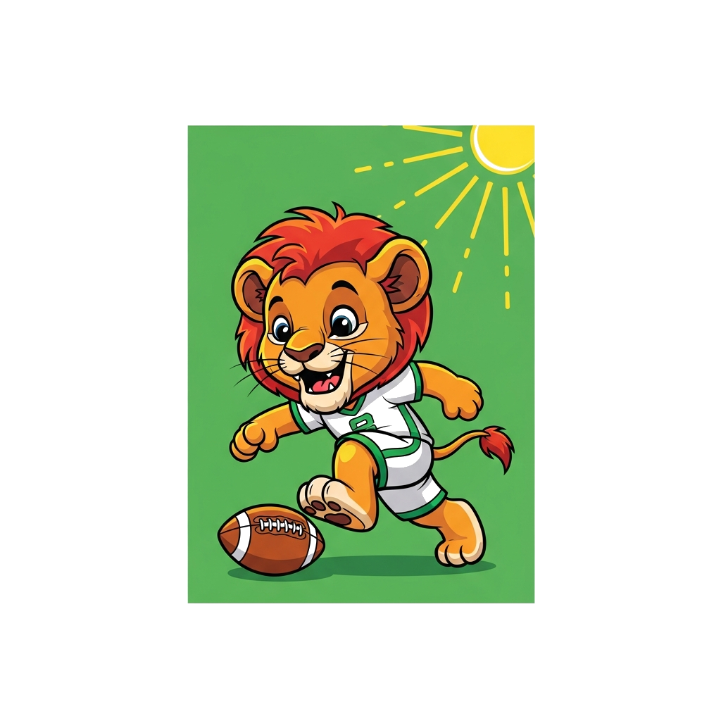 Custom design: A cheerful cartoon lion cub dribbling a football, wearing a tiny jersey, set against a vibrant green background with ...