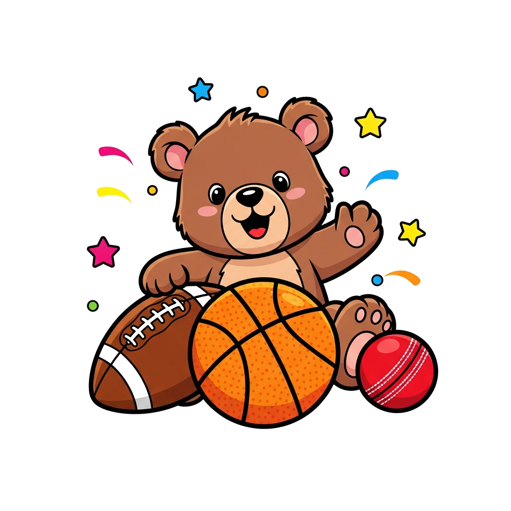 Custom design: A cute cartoon bear cub happily playing with a collection of sports balls: a football, a basketball, and a cricket ba...
