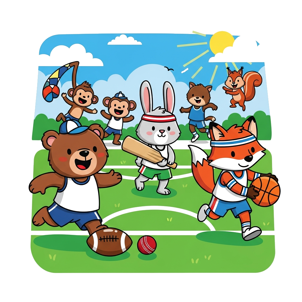 Custom design: A cute cartoon animal team playing various sports together, like a bear kicking a football, a bunny hitting a cricket...