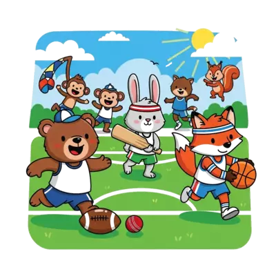 Design: A cute cartoon animal team playing various sports together, like a bear kicki...