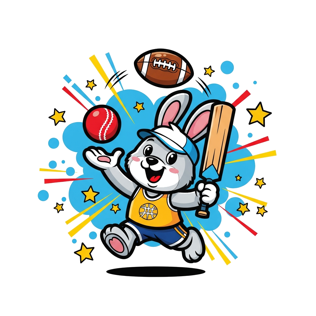 Custom design: A cheerful cartoon animal character, like a playful bear or a speedy rabbit, engaged in multiple sports activities si...