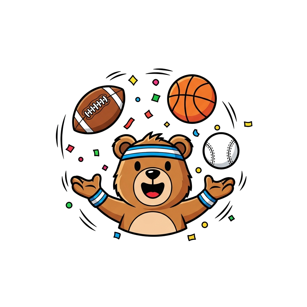 Custom design: A cheerful cartoon bear character wearing a sporty headband, juggling a football, basketball, and cricket ball with a...