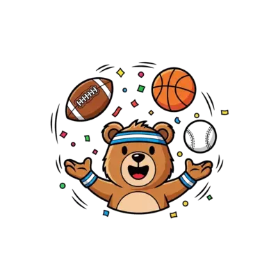 Design: A cheerful cartoon bear character wearing a sporty headband, juggling a footb...