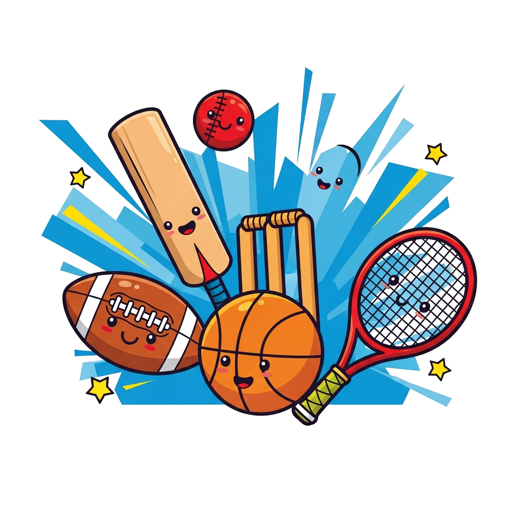 Custom design: A cheerful cartoon illustration of various sports equipment, like a football, basketball, cricket bat, and tennis rac...