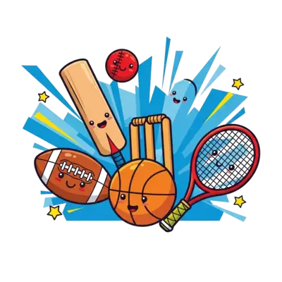 Design: A cheerful cartoon illustration of various sports equipment, like a football,...
