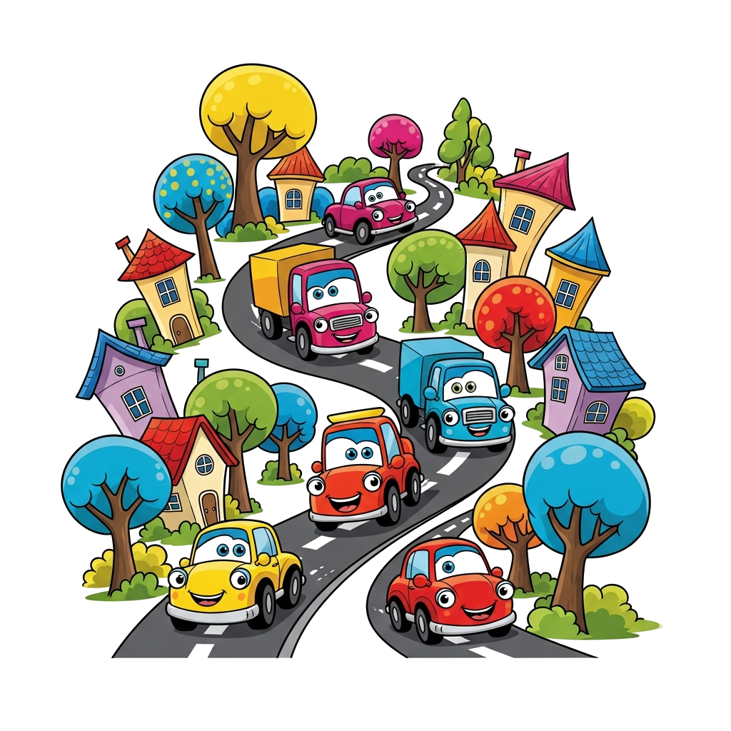 Custom design: A whimsical landscape with a winding road, featuring several happy, anthropomorphic cartoon cars and trucks driving a...
