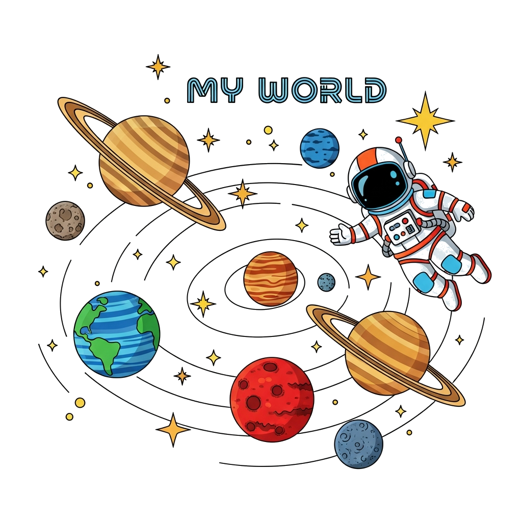 Custom design: A vibrant, playful illustration of a detailed solar system with planets, stars, and a friendly-looking astronaut floa...