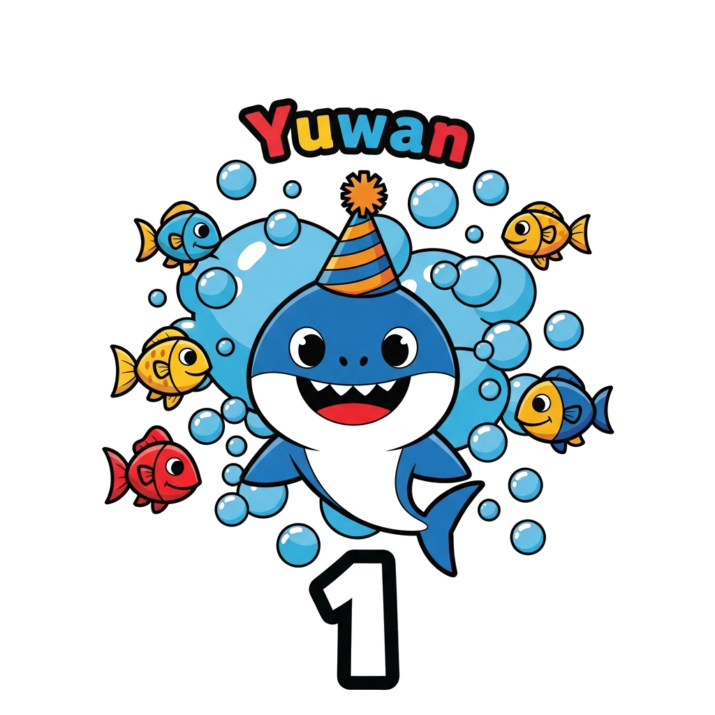 Custom design: A bold and playful cartoon illustration of a happy baby shark wearing a party hat, surrounded by colorful bubbles and...