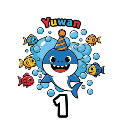 Design: A bold and playful cartoon illustration of a happy baby shark wearing a party...