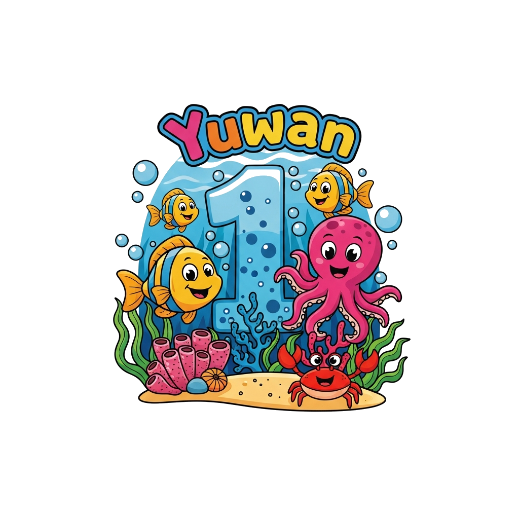 Custom design: A vibrant cartoon scene of baby Yuwan's first birthday under the sea, with friendly smiling fish, a cheerful octopus,...