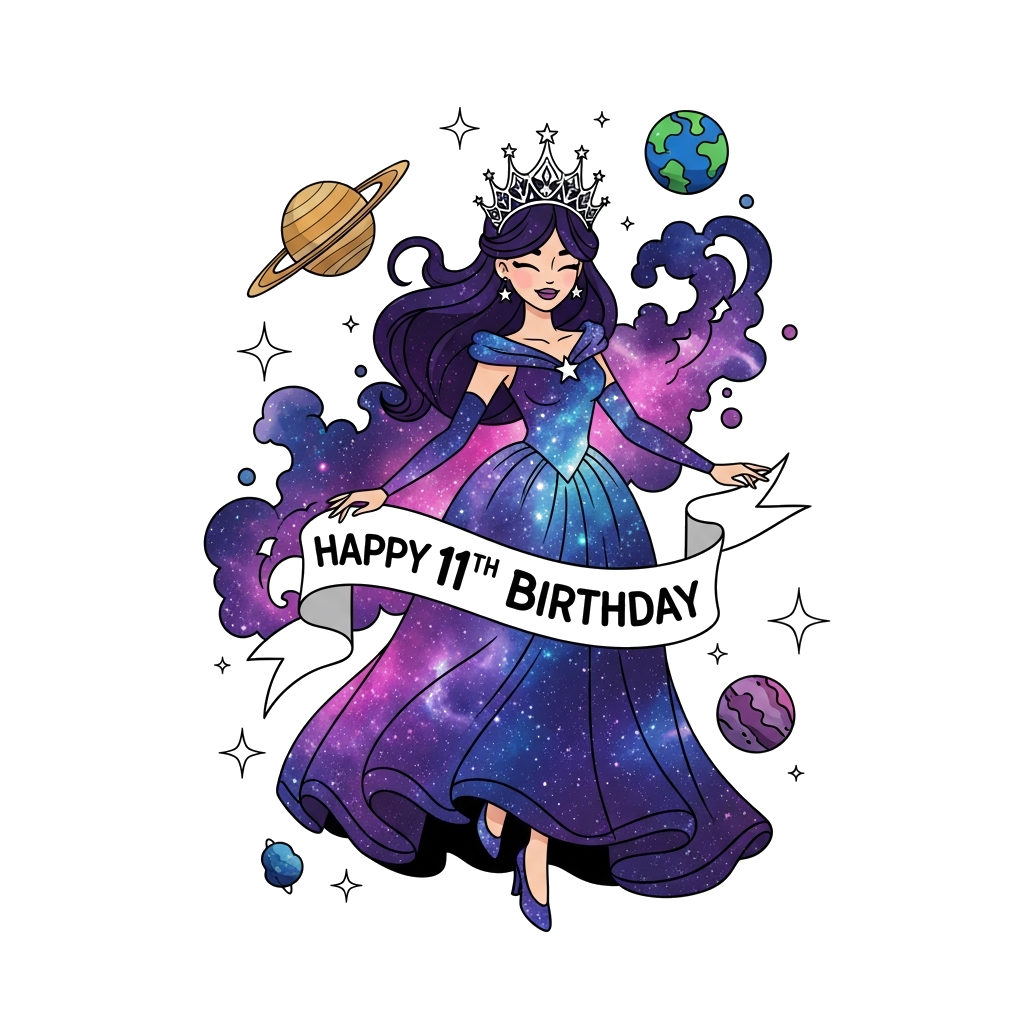 Custom design: A majestic cartoon princess, Samaira Anam, with a shimmering gown that looks like a galaxy, wearing a stardust tiara....