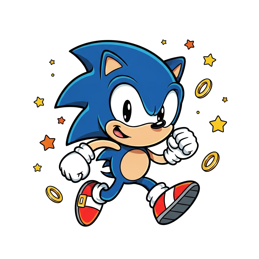 Custom design: A cute, chibi-style Sonic the Hedgehog character, running with a cheerful expression, surrounded by small golden ring...