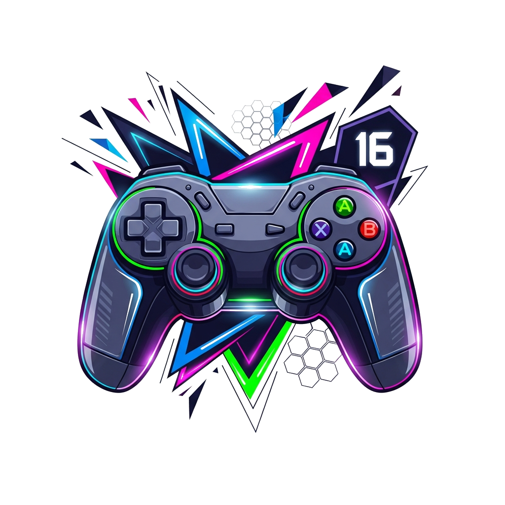 Custom design: A sleek, futuristic gaming controller with glowing neon accents, surrounded by abstract geometric shapes and a subtle...