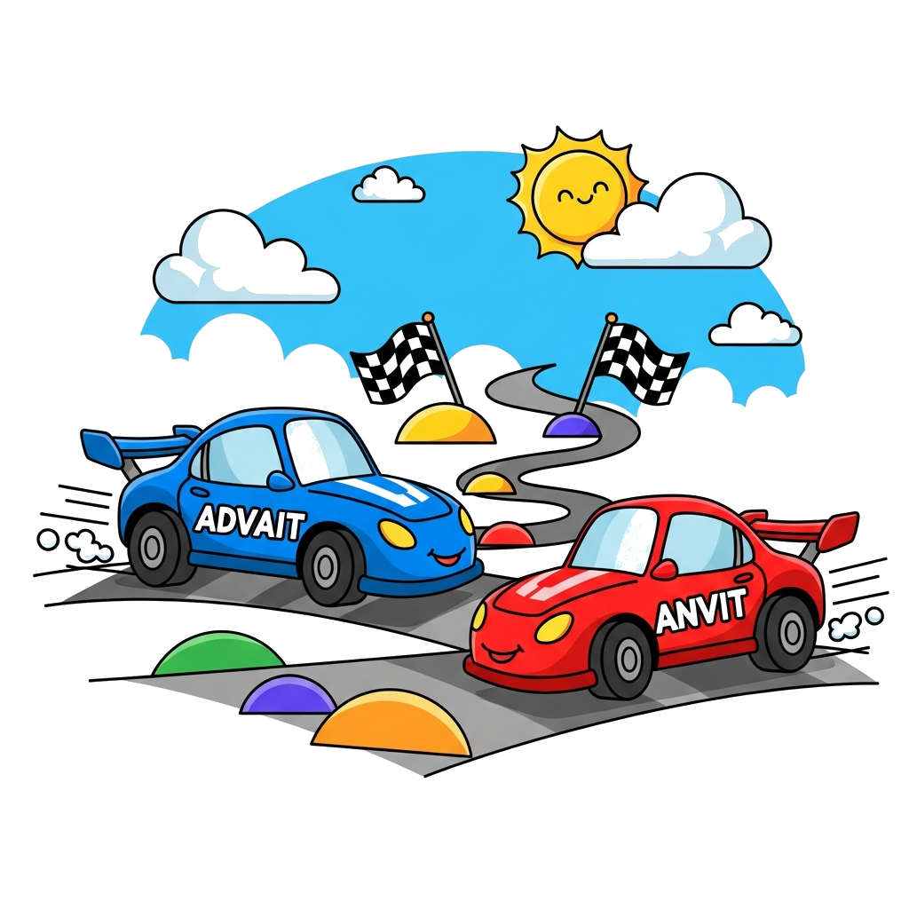 Custom design: A vibrant cartoon illustration featuring two adorable race cars, one blue with 'Advait' written on it and one red wit...