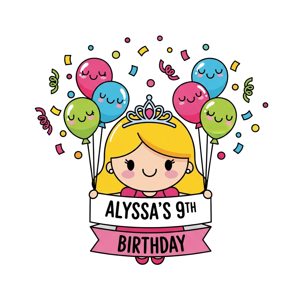 Custom design: A cute cartoon princess character with a sparkling tiara and a big smile, holding a banner that says 'Alyssa's 9th Bi...
