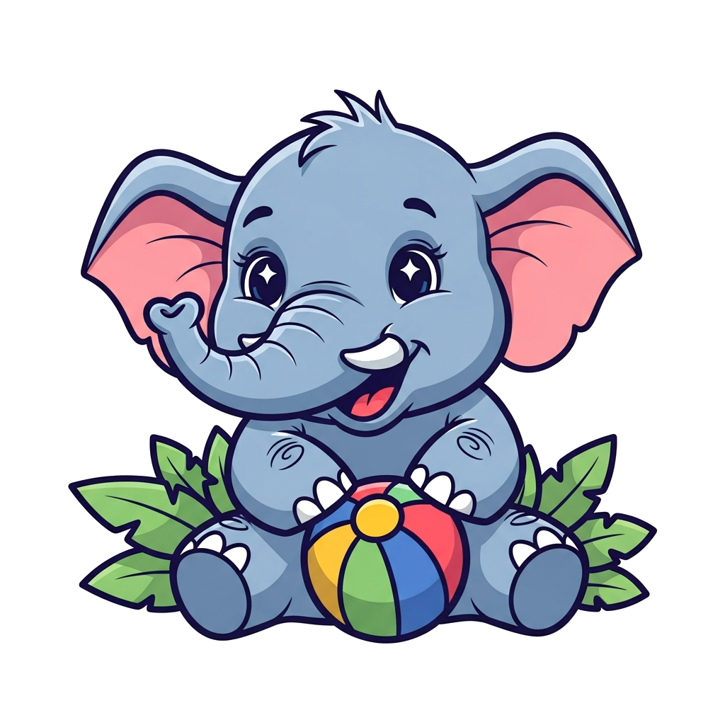Custom design: A super cute cartoon baby elephant happily playing with a colorful ball, with a big smile and sparkling eyes, vibrant...