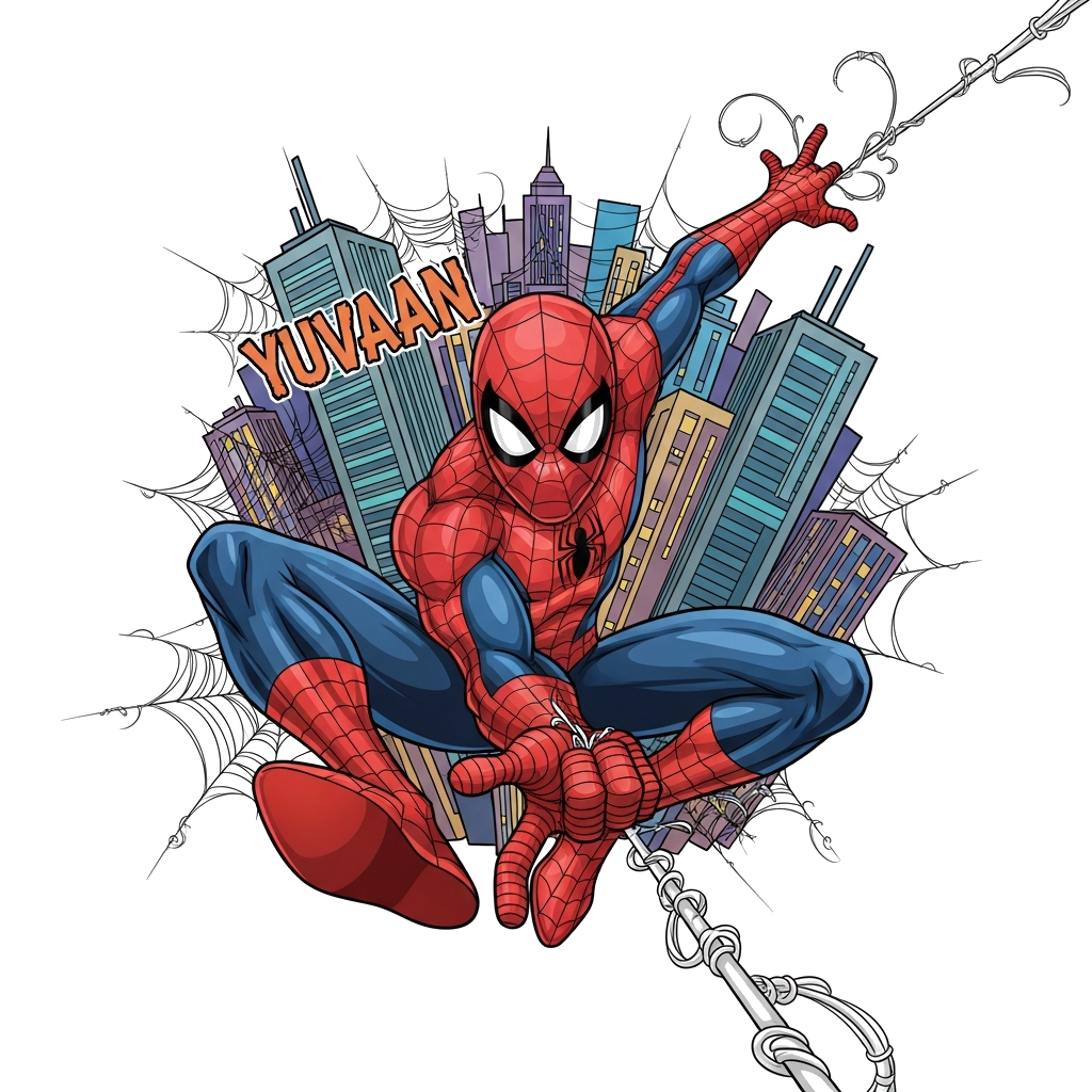 Custom design: A highly detailed and realistic illustration of Spider-Man in a dynamic action pose, swinging through a cityscape wit...