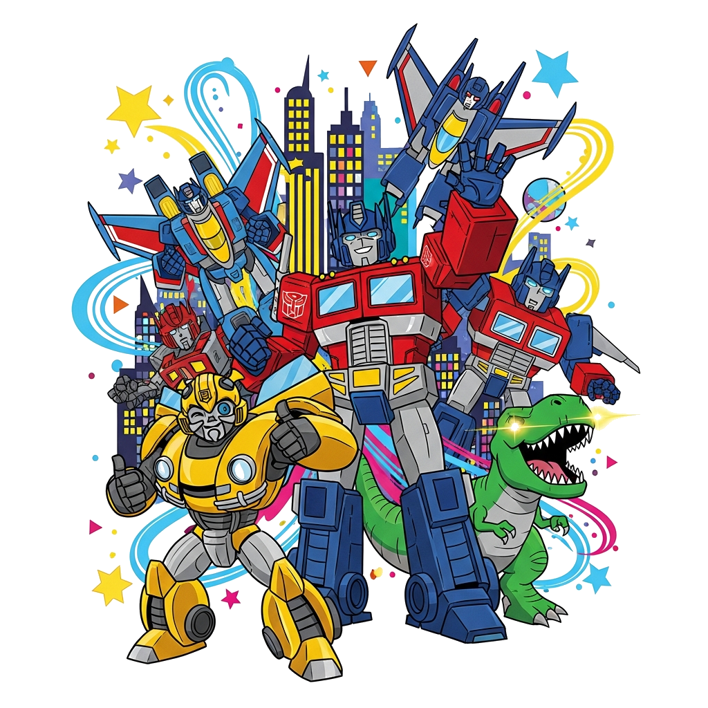 Custom design: A vibrant cartoon illustration featuring several iconic Transformers like Optimus Prime and Bumblebee, in dynamic, fr...