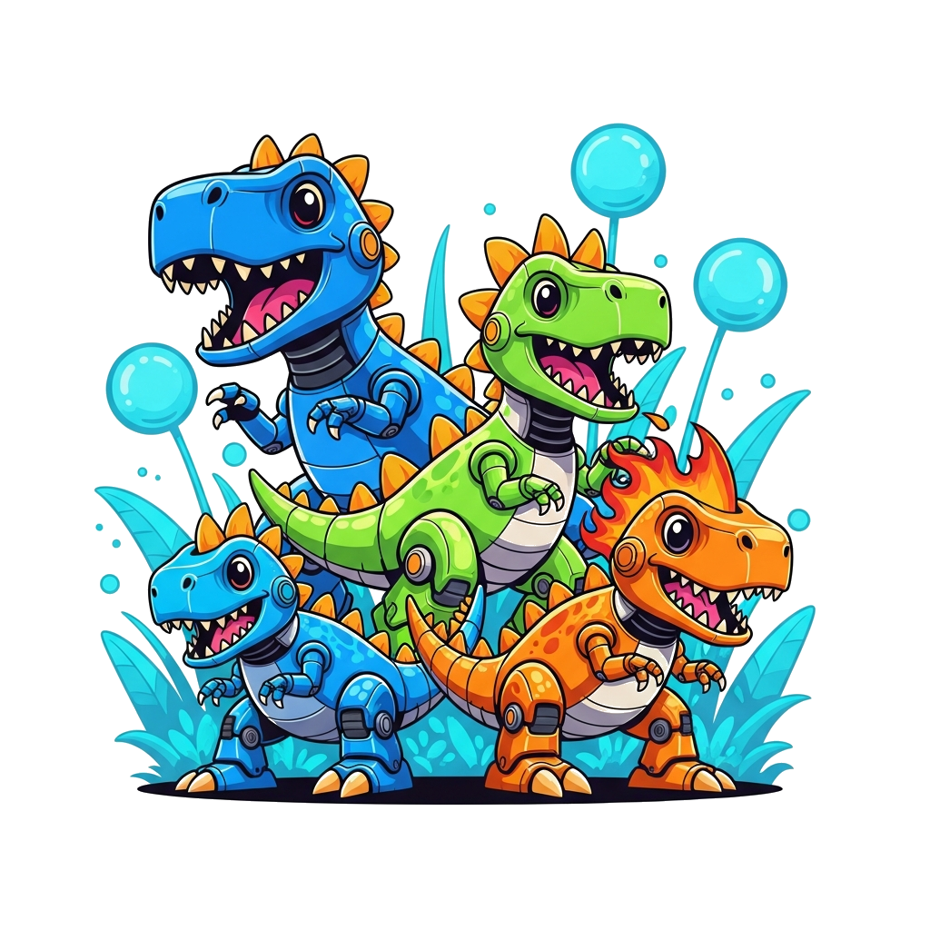 Custom design: A vibrant illustration of several friendly, cartoonish dinobots (robot dinosaurs) in a playful pose, each in a differ...