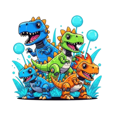 Design: A vibrant illustration of several friendly, cartoonish dinobots (robot dinosa...