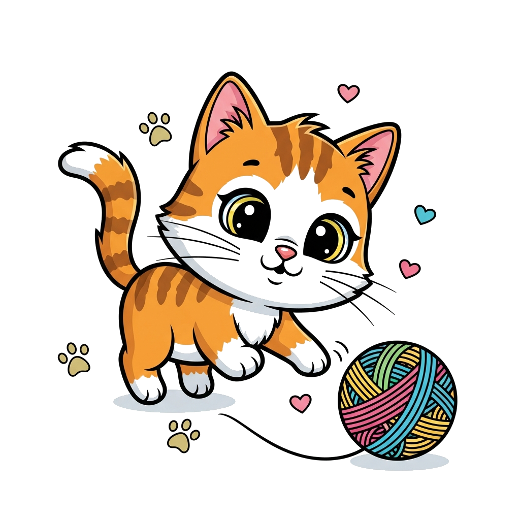 Custom design: A playful, cute cartoon kitten with big, curious eyes, chasing a colorful yarn ball, surrounded by small paw prints a...