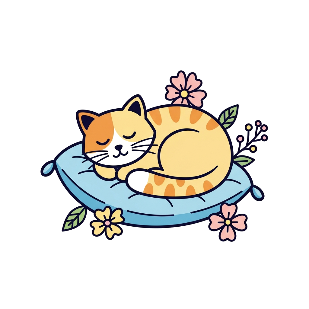 Custom design: A cozy, minimalist illustration of a sleeping cat curled up on a soft cushion, with a few gentle flowers or leaves ar...