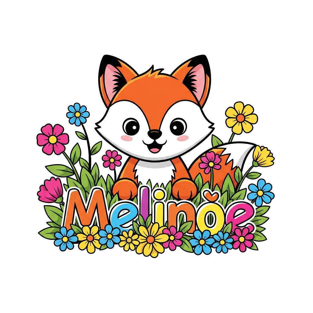 Custom design: A cute, happy cartoon fox cub peeking out from a bed of vibrant, colorful flowers, with the name "Melinoe" playfully ...