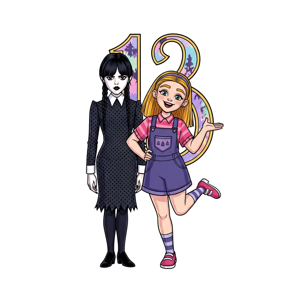 Custom design: A vibrant illustration of Wednesday Addams and Enid Sinclair standing together, showcasing their contrasting personal...