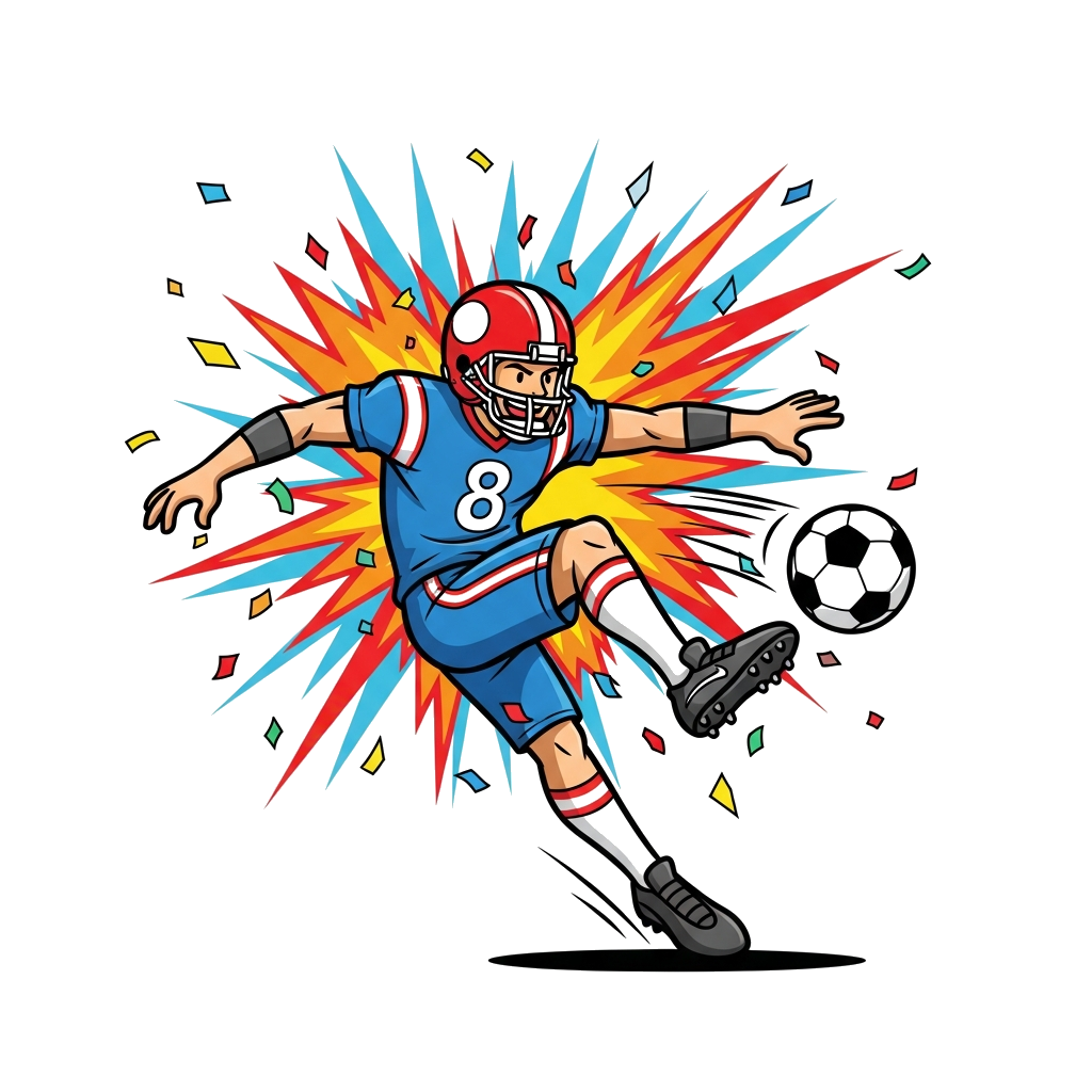 Custom design: A dynamic cartoon illustration of a happy football player, number 8 on their jersey, kicking a ball with energy, surr...